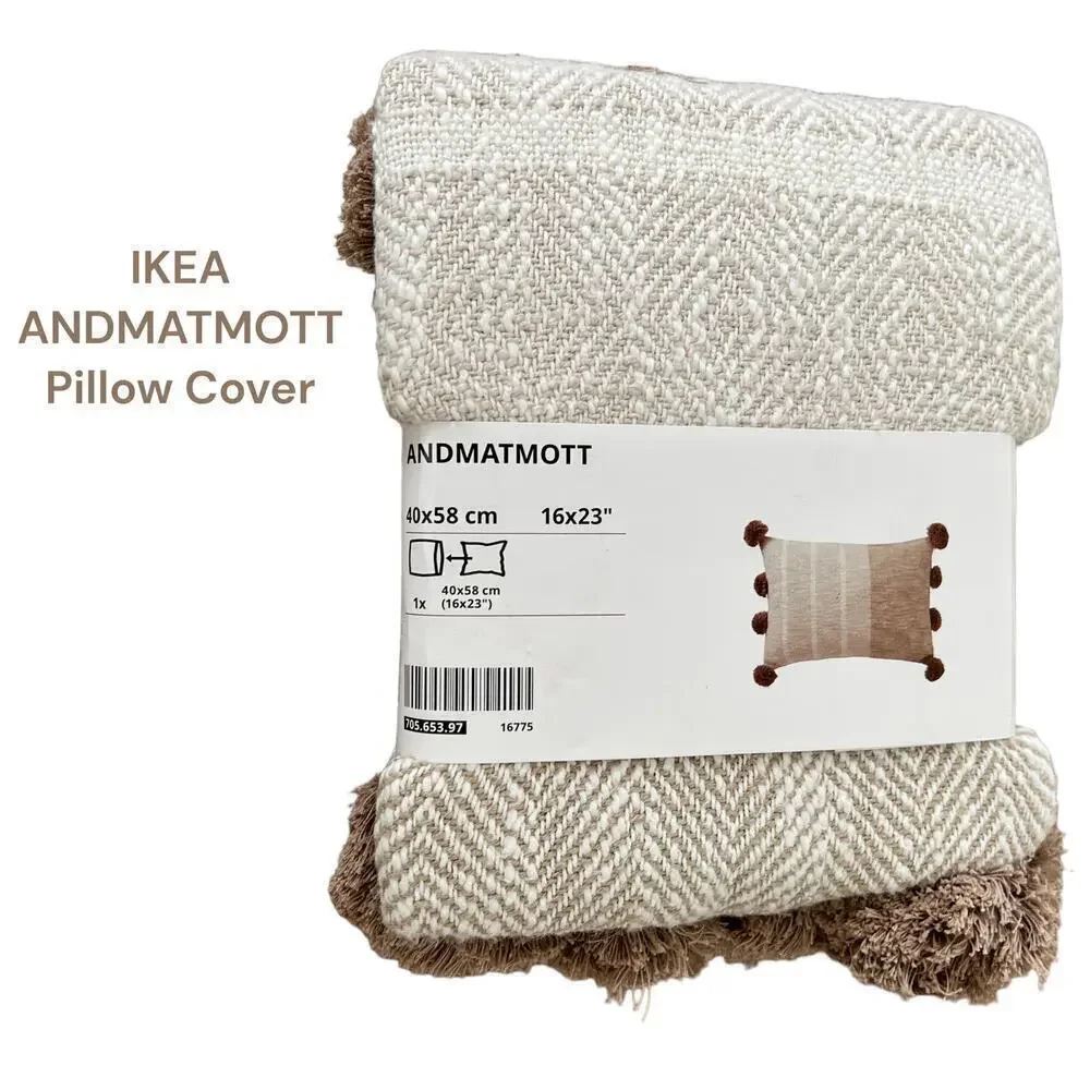 IKEA ANDMATMOTT Natural Herringbone Pillow Cover with Pompoms